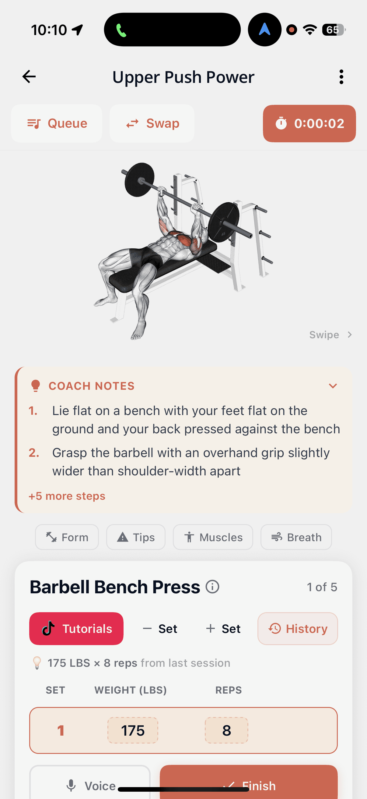 Vora iPhone workout screen with a TikTok Tutorials button beside set logging