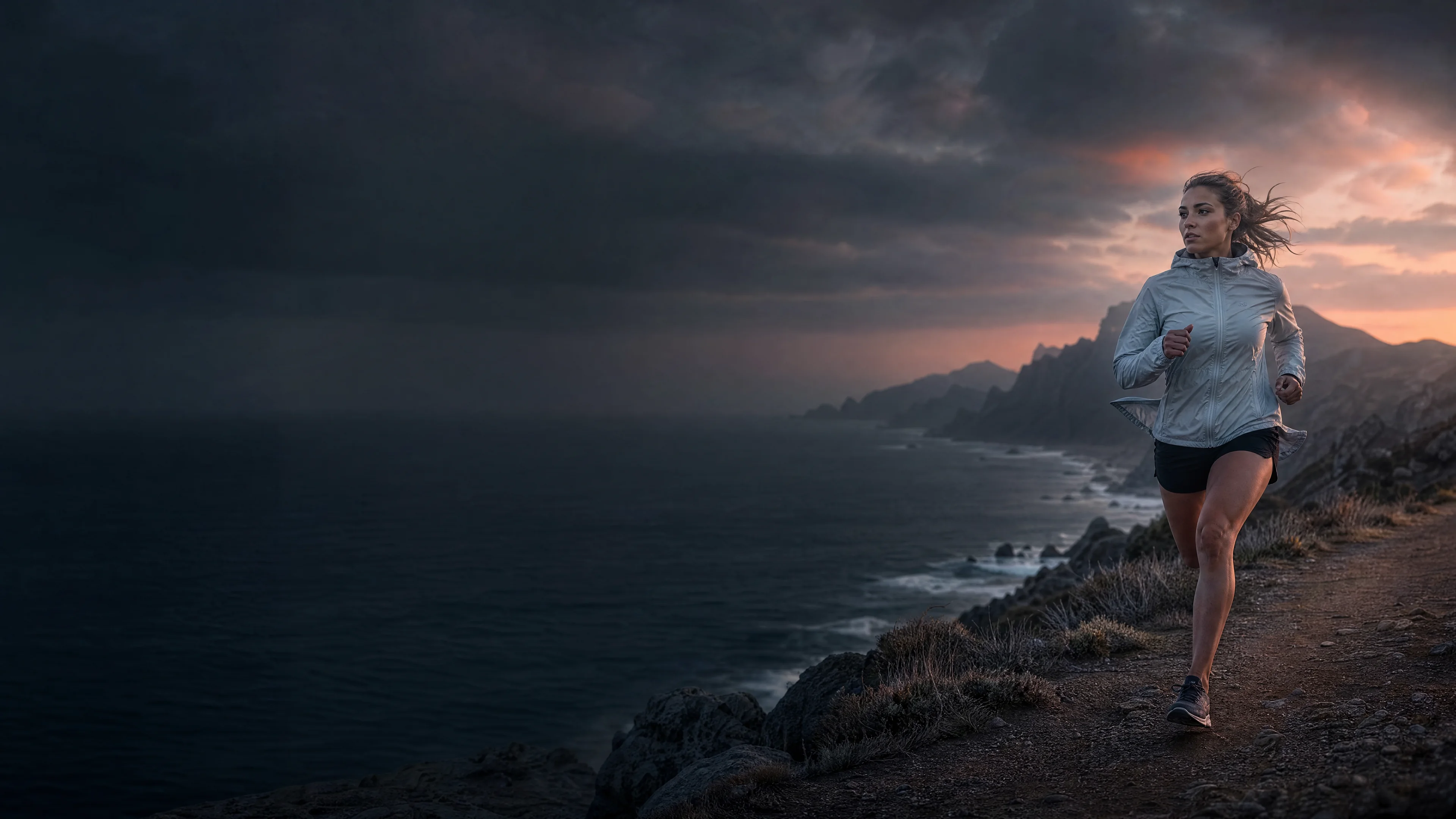 Runner moving along a dramatic coastal trail at sunrise